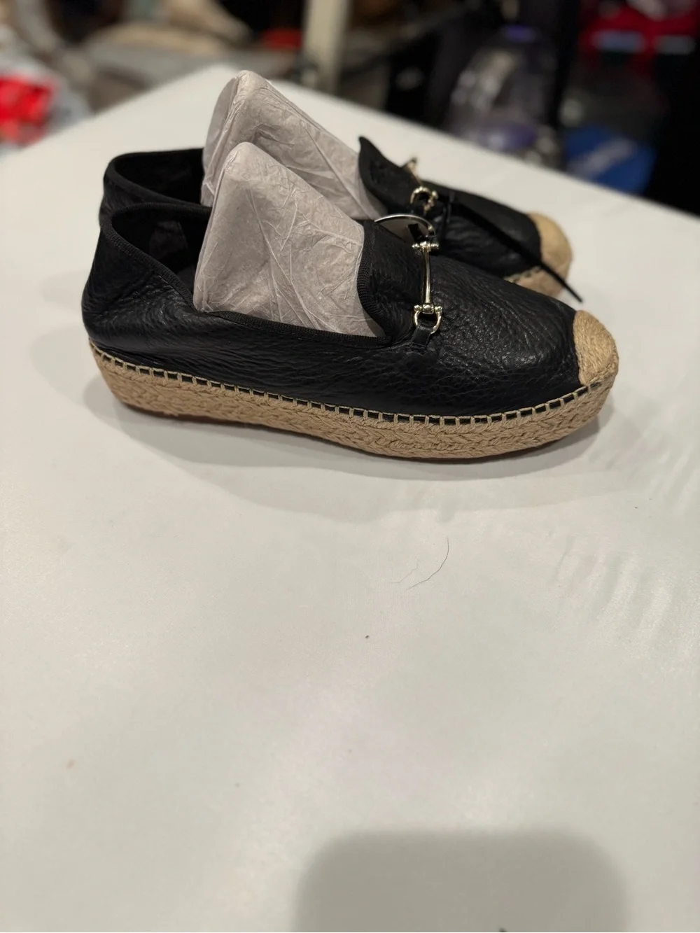 Steve Madden Black Leather Espadrille Loafers with Gold Bit